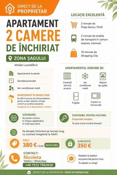 Apartament cu 2 camere semidecomandat în Șagului