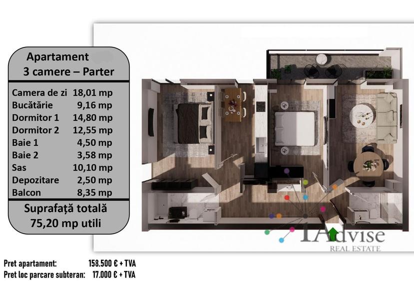 Apartament cu 3 camere decomandat în Tractorul