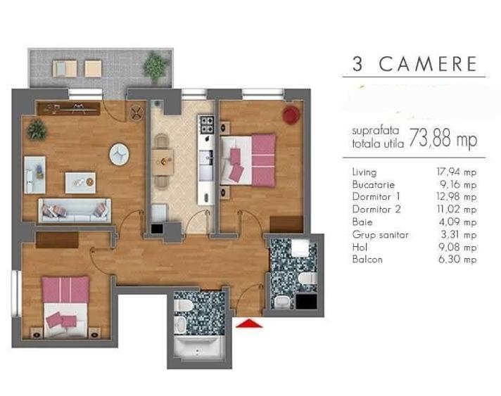 Apartament cu 3 camere decomandat în Berceni