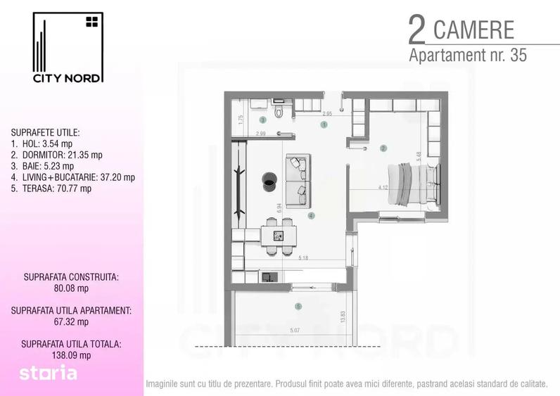 Apartament cu 2 camere în Tunari