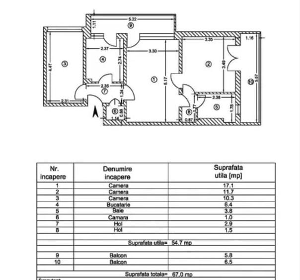 Apartament cu 3 camere semidecomandat în Micro 16