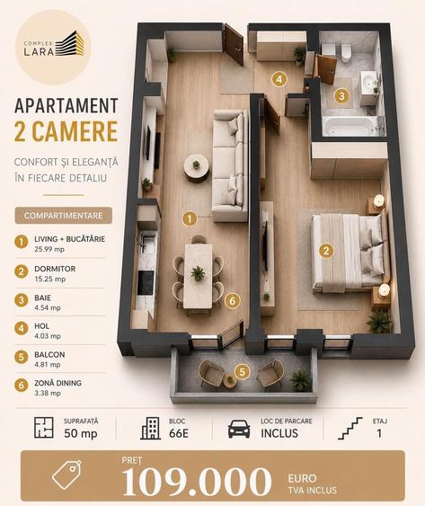 Apartament cu 2 camere decomandat în Central