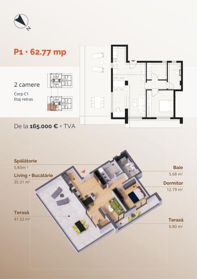Penthouse cu 2 camere decomandat în Torontalului