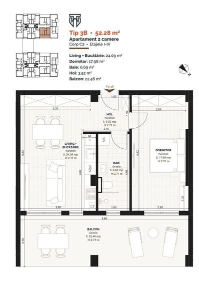 Apartament cu 2 camere în Nord