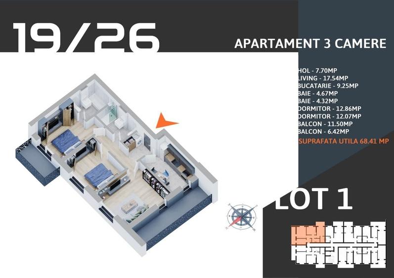 Apartament cu 3 camere decomandat în Central