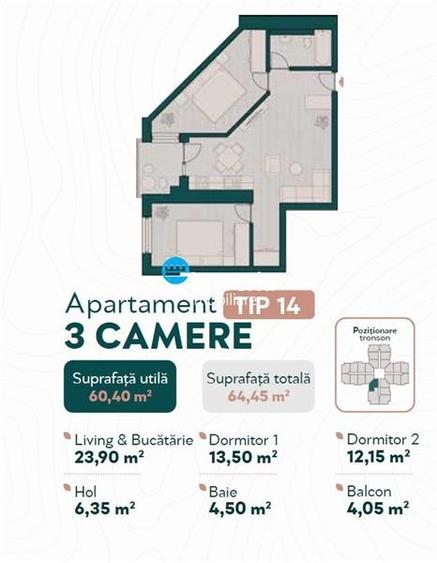 Apartament cu 3 camere decomandat în Podul de Fier