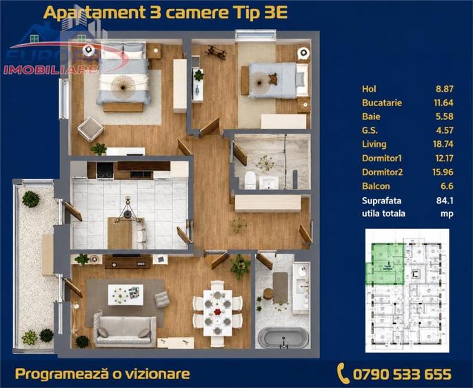 Apartament cu 3 camere decomandat în C5