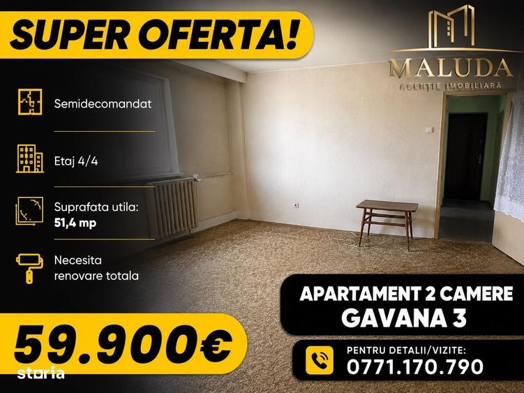 Apartament cu 2 camere semidecomandat în Găvana