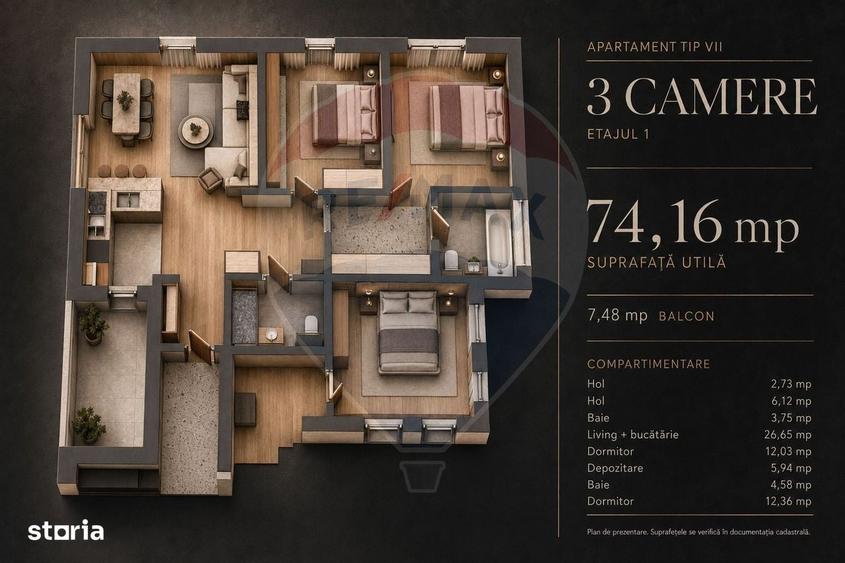 Apartament cu 3 camere în Tractorul