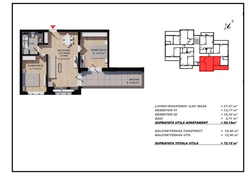 Apartament 3 camere, 60mp utili, terasa, zona Eroilor, Floresti - 1
