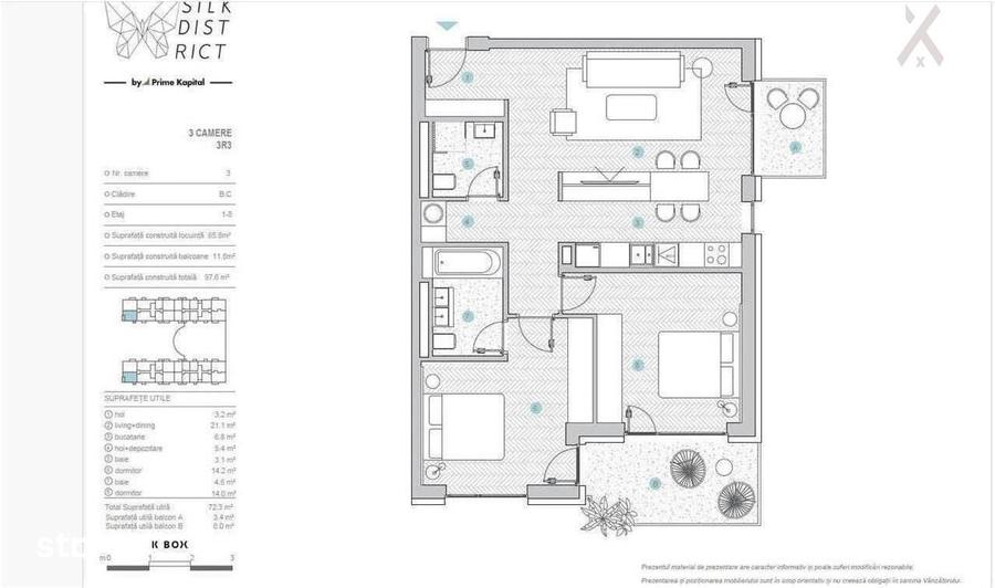Apartament cu 3 camere în Baza 3