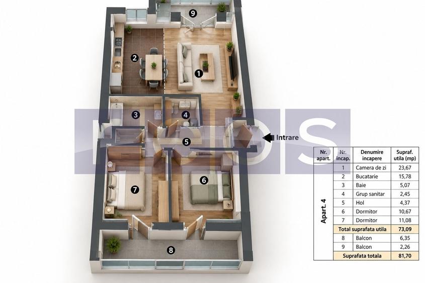 Apartament cu 3 camere decomandat, mobilat în Panduri