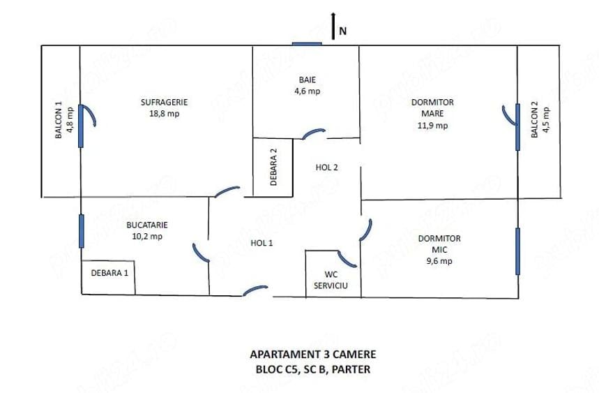 Apartament cu 3 camere decomandat în Central
