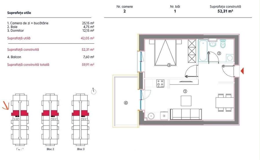 Apartament cu 2 camere decomandat în Vest
