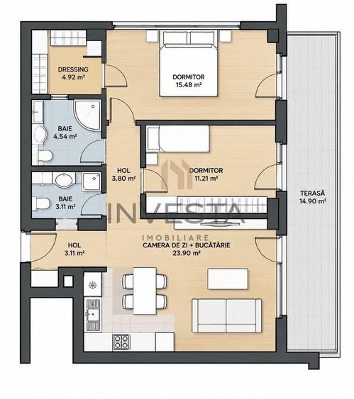 Apartament cu 3 camere semidecomandat, mobilat în Bună Ziua