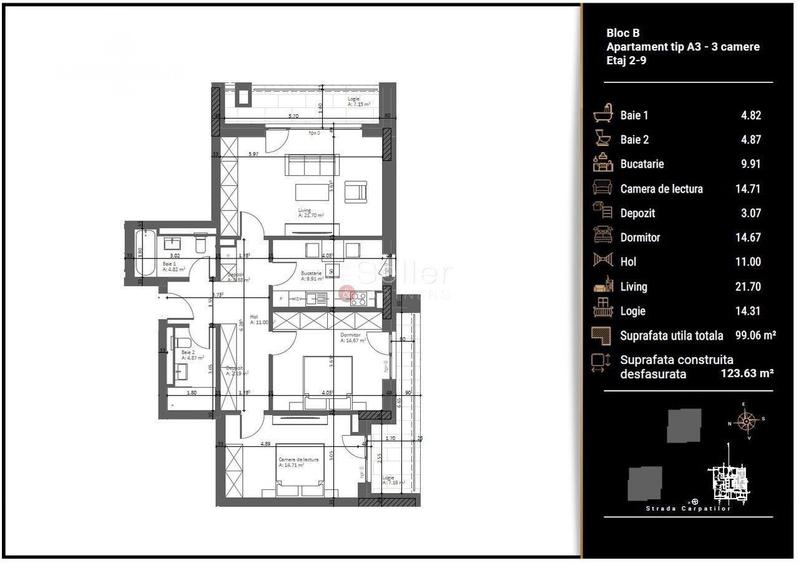 Apartament cu 3 camere în Răcădău
