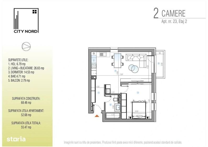Apartament cu 2 camere în Tunari
