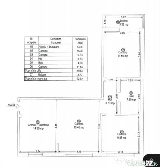 Apartament cu 3 camere semidecomandat în Central