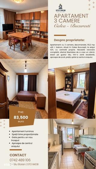 Apartament cu 3 camere decomandat în Central
