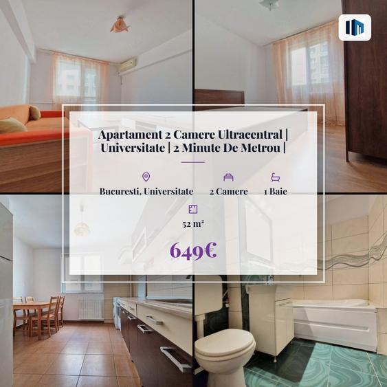 Apartament cu 2 camere semidecomandat, mobilat în Universitate