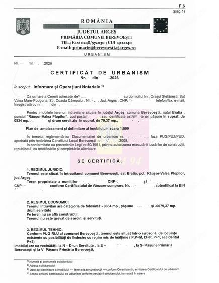 Teren de 834 mp, în Berevoești