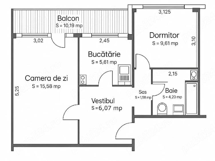 Apartament cu 2 camere decomandat în Central