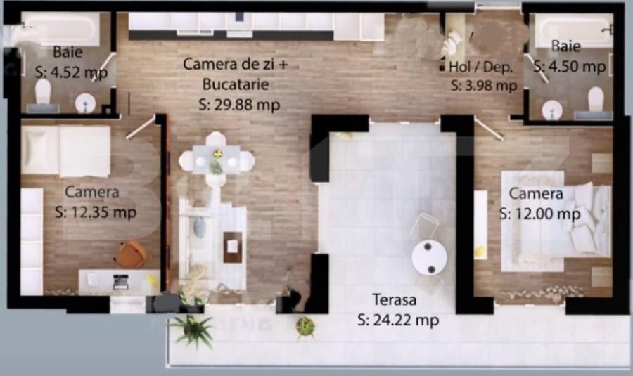 Apartament cu 3 camere decomandat în Careiului
