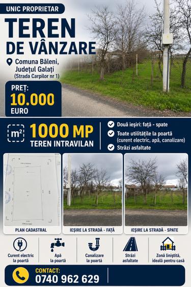 Teren Construcții intravilan de 1000 mp, în Băleni