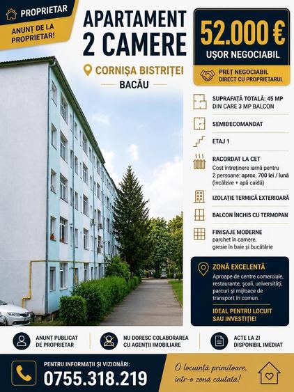 Apartament cu 2 camere semidecomandat în Berești