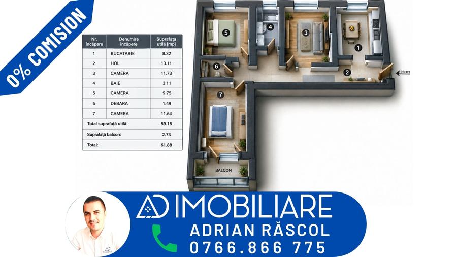 Apartament cu 3 camere decomandat în Central