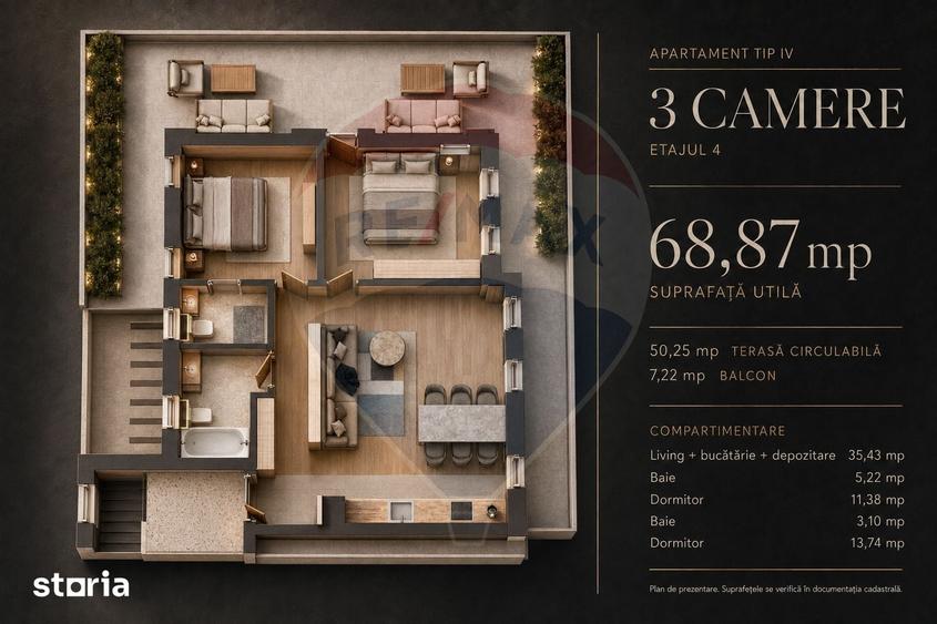 Apartament cu 3 camere decomandat în Tractorul