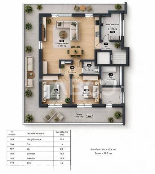 Apartament cu 3 camere decomandat în Central