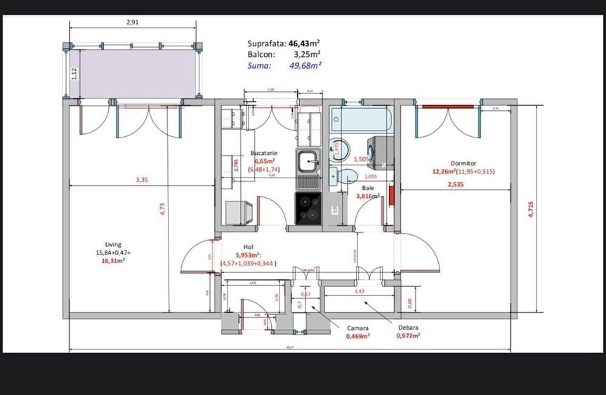 Apartament 2 camere 50 mp utili.Zona||Mihai Viteazu - 1