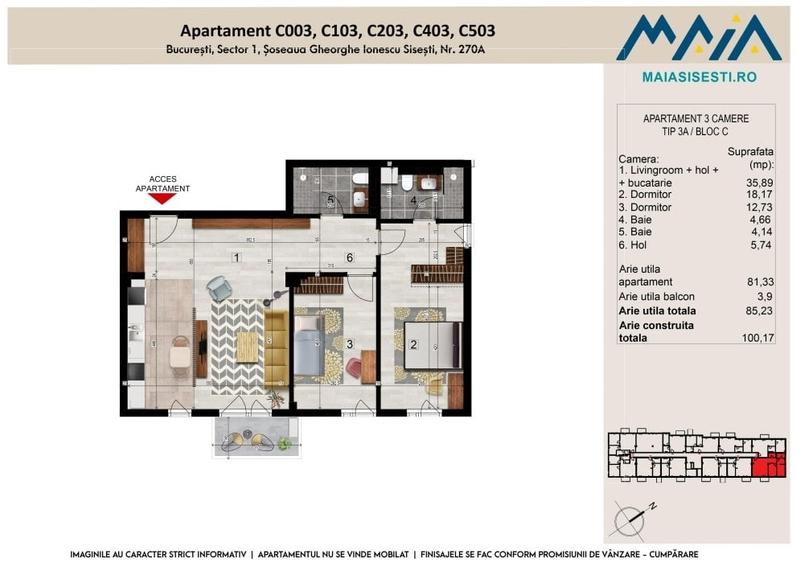Apartament cu 3 camere decomandat în Sisești