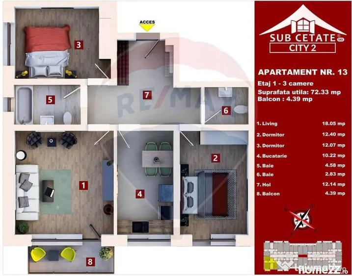 Apartament cu 3 camere decomandat în Sânpetru