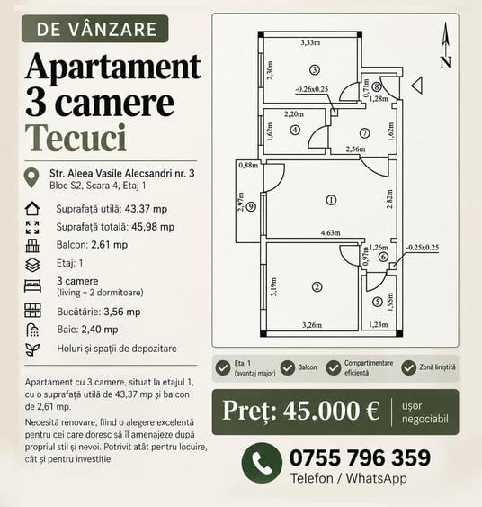 Apartament cu 3 camere semidecomandat în Central