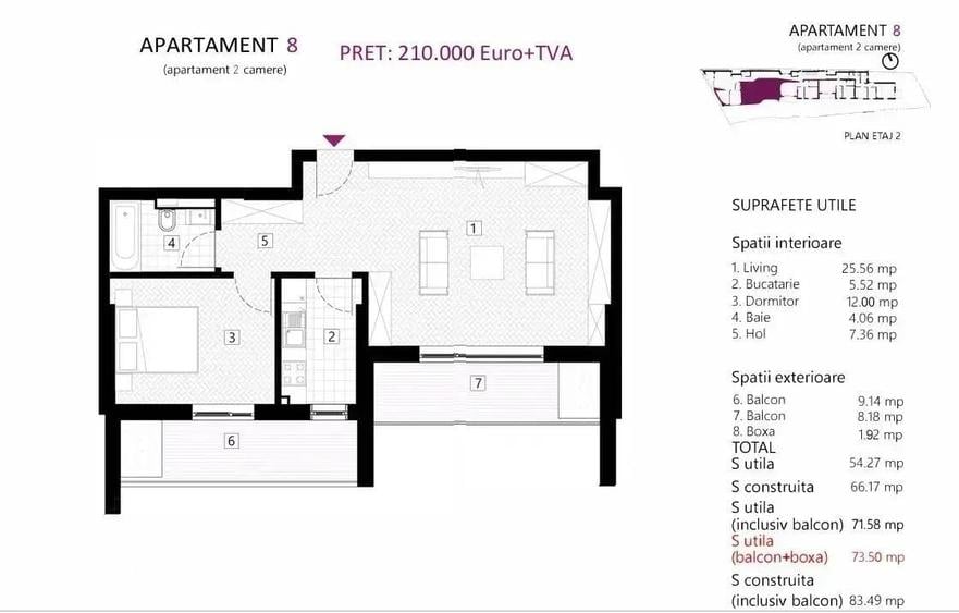 Apartament cu 2 camere decomandat în Dacia