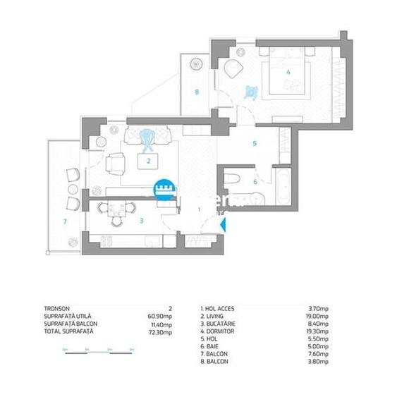 Apartament cu 2 camere decomandat în Aeroport
