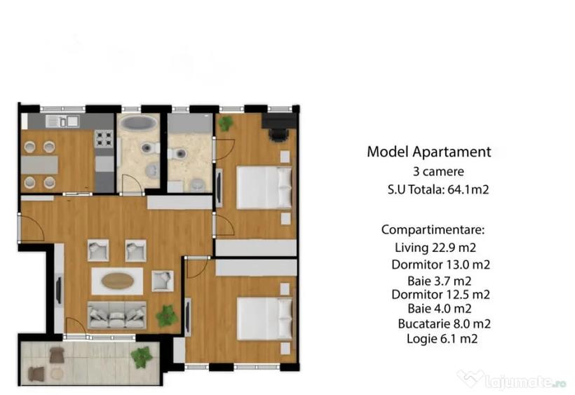 Apartament cu 3 camere decomandat în Florești