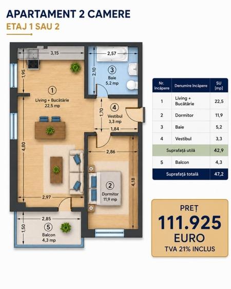 Apartament cu 2 camere decomandat în Odăi