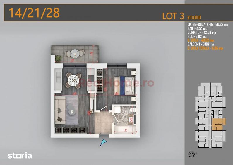 Apartament 2 camere tip studio | Balcon | Incalzire Pardoseala | Th. P - 1