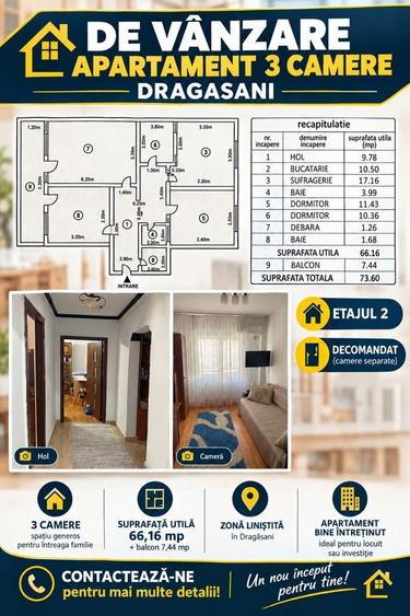 Apartament cu 3 camere decomandat în Central