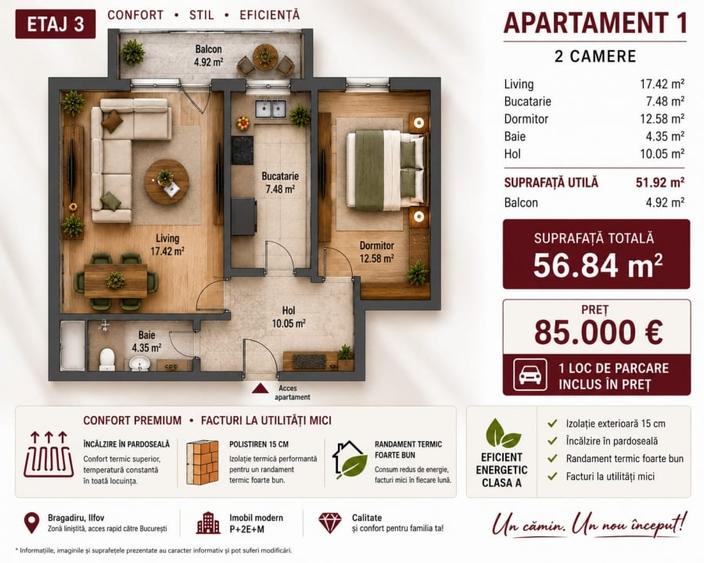 Apartament cu 2 camere decomandat în Bragadiru
