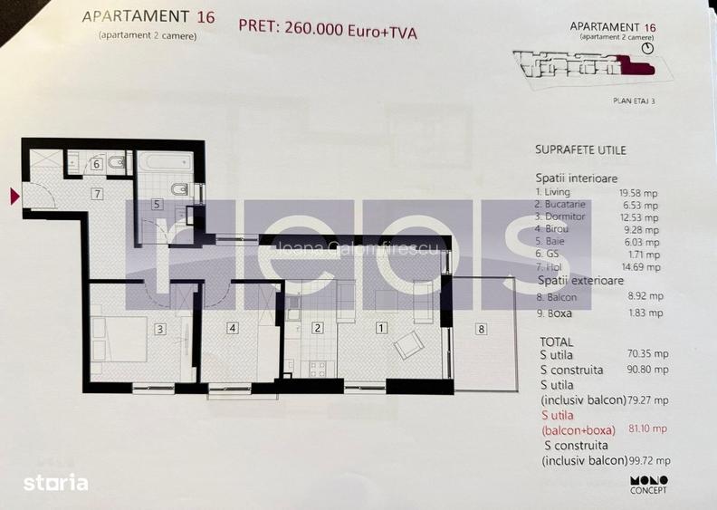 De Vanzare | Apartament 2 Camere + Birou 9 Mp | Zona Eminescu