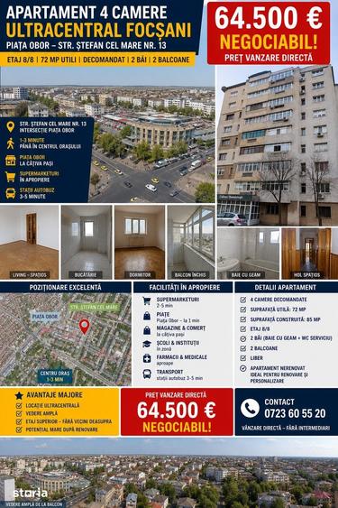 Apartament cu 4 camere decomandat în Ultracentral