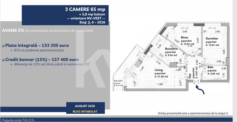 Apartament cu 3 camere decomandat în Tractorul
