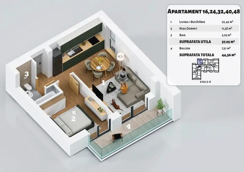 Apartament cu 2 camere decomandat în Titan