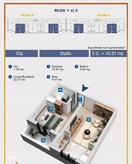 Apartament cu 2 camere în Roșu