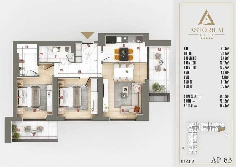 Apartament cu 3 camere decomandat în Cățelu
