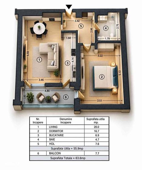 Apartament cu 2 camere, mobilat în Nord